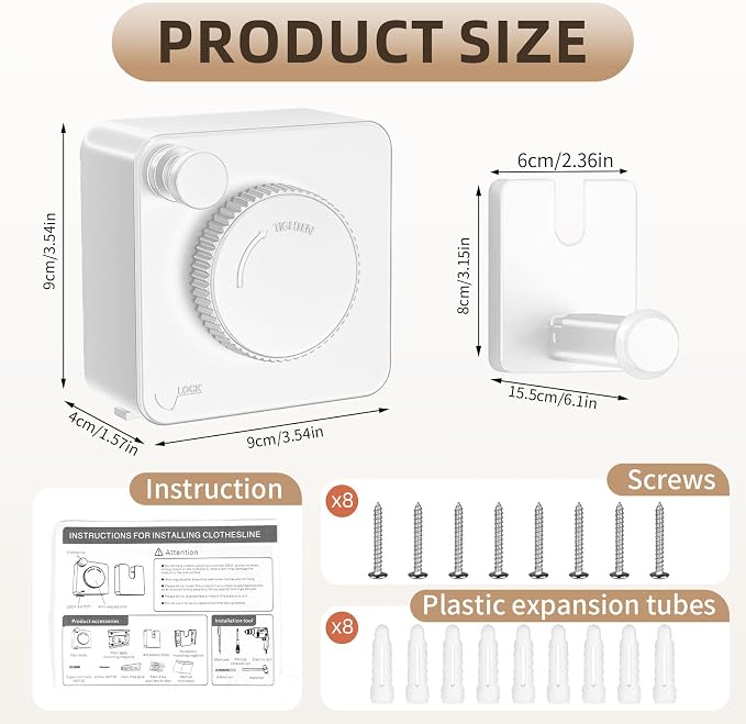 Anti-Sag Retractable Clothesline 40LB Capacity - 201in Stainless Steel Laundry Line for Indoor Outdoor, Wall Mounted Space Saving Easy Install (White, with Pole)