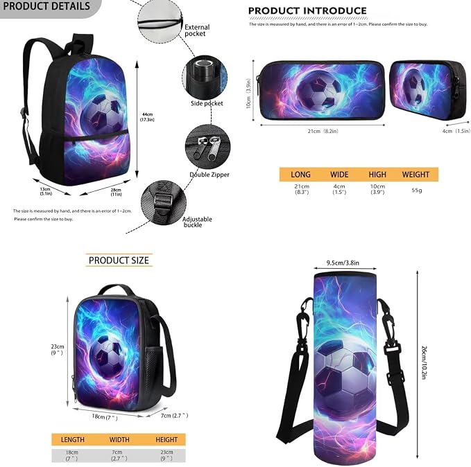 Soccer Kids School Bag for Boys Backpack and Lunch Bag Pencil Case Pouch, Childrens Backpack for Girls Bookbag School Daypack for Travel Picnic Hiking Back to School Supplies