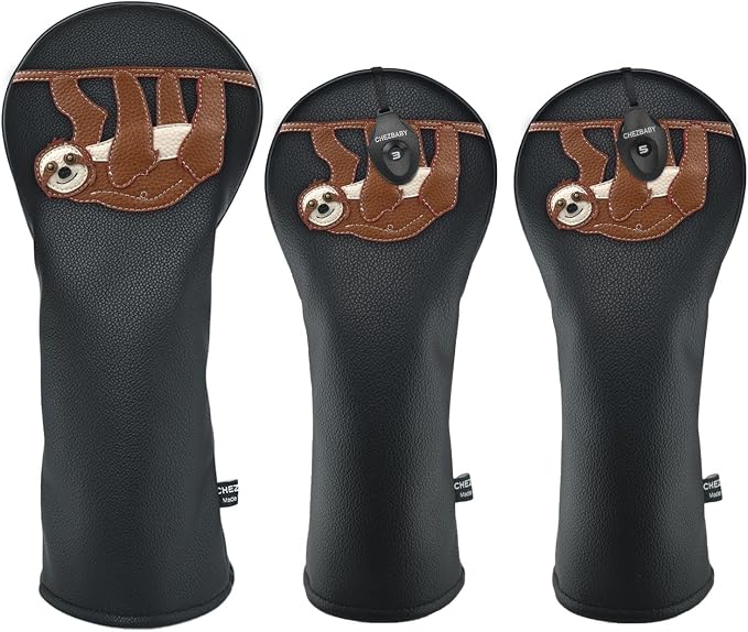Sloth PU Leather Golf Club Covers Driver Headcovers Fairway Woods Hybrid Protector with Interchangeable Number Tag