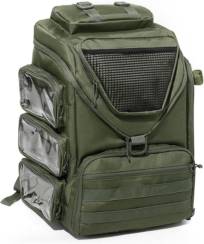 kokkoya 40L Fishing Backpack Tackle Box Back Pack Tacklebox for Men Dad with 2 Rod Holders Two Tier Storage 3 Clear Pockets Kayak Fishing