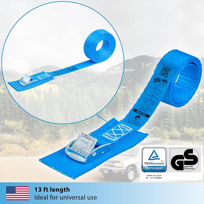 valonic Iceland - tie Down Straps with Protection pad, 4 Pieces, 13 ft x 1 inch, 1100lbs, cam Buckle, TÜV Rheinl. Certified, Blue, Lashing Straps for roof Rack, Kayak, Bike, car