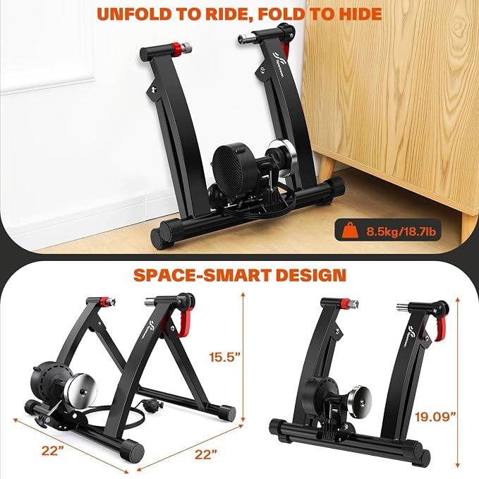 Sportneer Bike Trainer - Magnetic Stationary Bike Stand for 26-28" & 700C Wheels - Adjustable 6 Level Resistance Bike Trainer Stand for Indoor Riding with Quick Release Lever & Front Wheel Riser Block