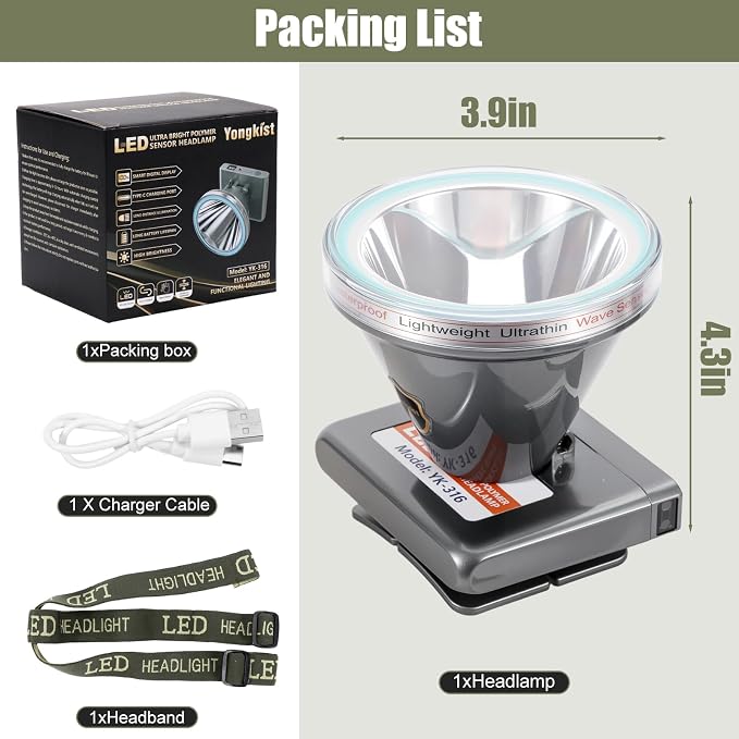 Super Lightweight Ultra-Thin Polymer Battery LED Headlamp with Motion Sensor, Battery Level Display, 5 Modes High Brightness Waterproof, Perfect for Camping, Hiking, Fishing (YK-316 White Light)