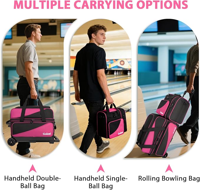 Goloni 3 Ball Bowling Bag with Wheels, 2+1 Double Roller Bowling Bag with Shoe Compartment,Tote Bag for Bowling Accessories