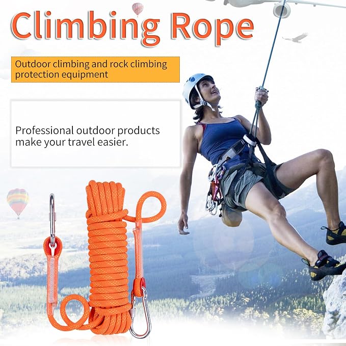 NewDoar Climbing Rope 8(5/16in),10mm (3/8in), High Strength Accessory Cord Rope with 2 Steel Hooks, for Outdoor Rescue Rappelling Rope Down Cliffs ledges Safety Escape Tow Strap Equipment(Orange)