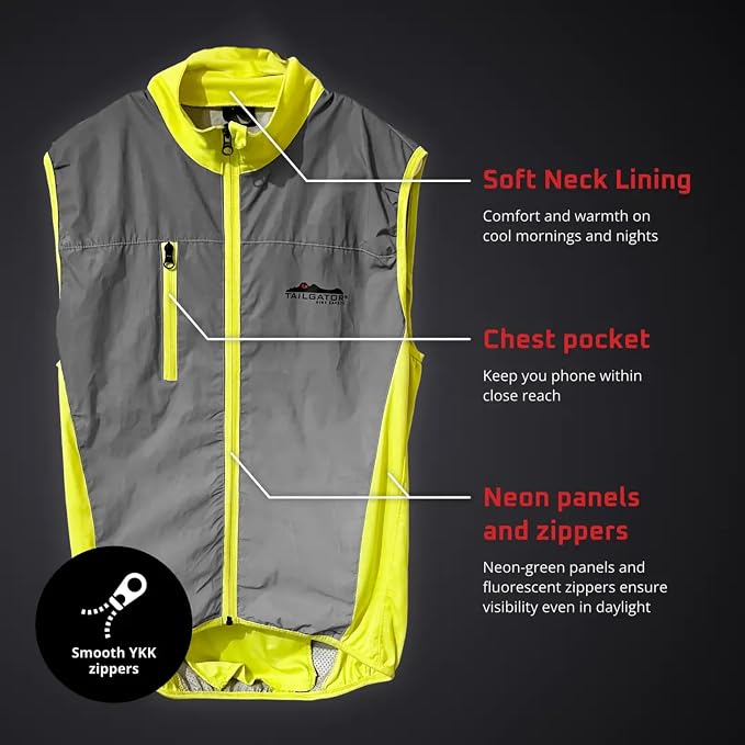 Tailgator Vis-Vest Reflective Running & Cycling Safety Vest, Hi-Vis High Visibility Vest for Men & Women, Neon Green Retro-Reflective Glass Beads, Breathable, YKK Zippers, Pockets, XS - XXXL