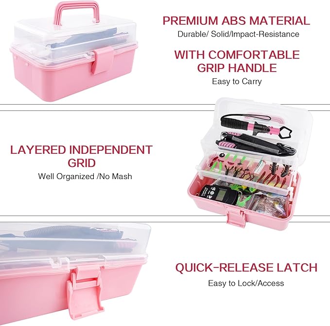 3-Layer Pink Fishing Tackle Box with Tackle Included, Fishing Tools Kit Includes Pliers Fish Lip Gripper Scale Crankbait Spinnerbaits Soft Baits Hooks, Ideal Gift for Angler Saltwater Freshwater