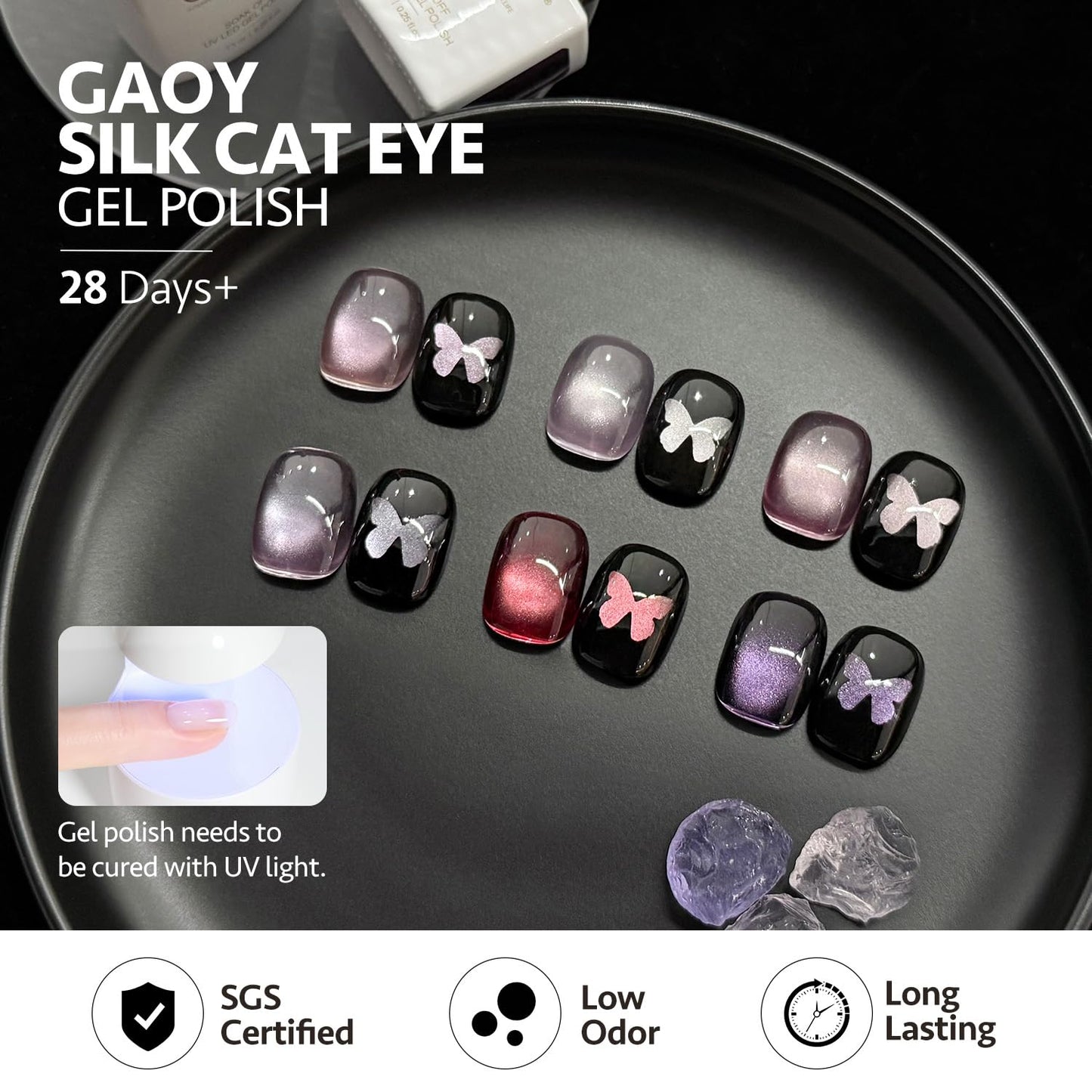 GAOY Purple Cat Eye Gel Polish Set, 6 Cosmic Violet Shades with Magnetic Glitter Effec, Galactic Glitter Gel for Mystic Nail Art