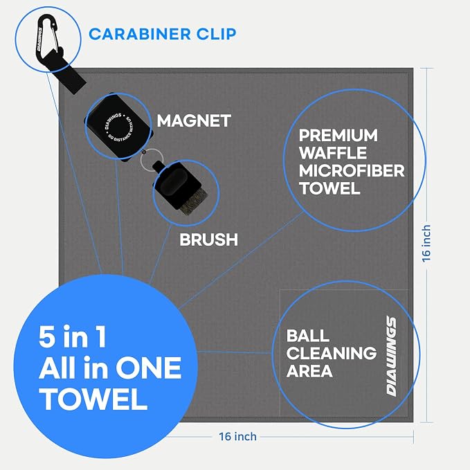 Diawings All in One Golf Towel, 5-in-1 Multi-Functional Golf Towel, with Magnetic Hold, Waffle Weave Microfiber Club & Ball Towel, Retractable Brush, Carabiner Clip – Ultimate Golf Accessory (Gray)