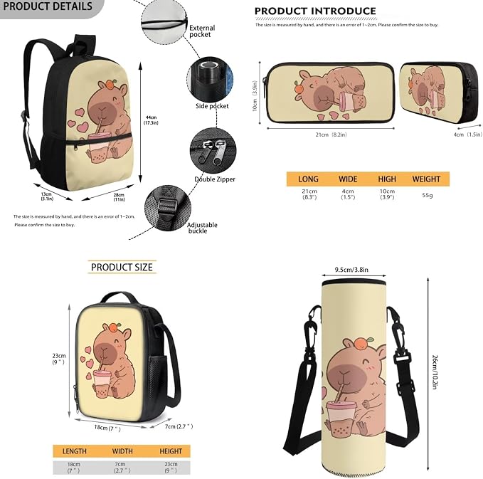 Capybara Backpack for School Kids Bookbag with Lunch Box Set Gilrs School Bag with Lunch Bag Pencil Case Water Bottle Holder 4 PCS Back to School Accessories