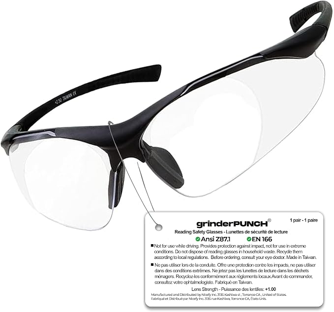 grinderPUNCH Full Lens Magnification Safety Glasses Readers ANSI Z87 Impact Resistant Diopter Magnifying Reading Glasses