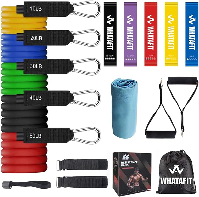 WHATAFIT Resistance Bands, Exercise Bands, Workout Bands with Handles, Door Anchor and Ankle Straps, 5 Resistance Levels Fitness Bands for Strength Training, Physical Therapy, and Home Gym Equipment