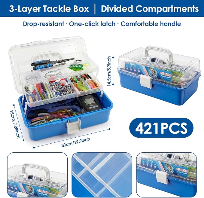 Fishing Lures Kit, 421PCS Tackle Box-(Blue) | Included Fishing Pliers, Hooks, Soft Baits, Weights,Accessories - Complete Freshwater Bass Fishing Gear Kit for Men with Gift
