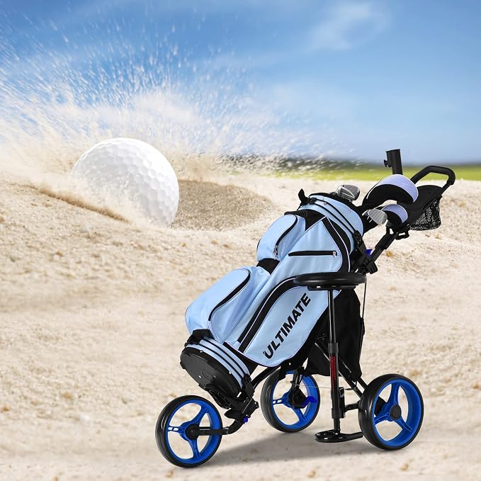Golf Push Carts 3 Wheel Folding-Collapsible Lightweight Push Cart with Seat for Golf Clubs, Foot Brake/Umbrella Holder- 4 Height Position Handle
