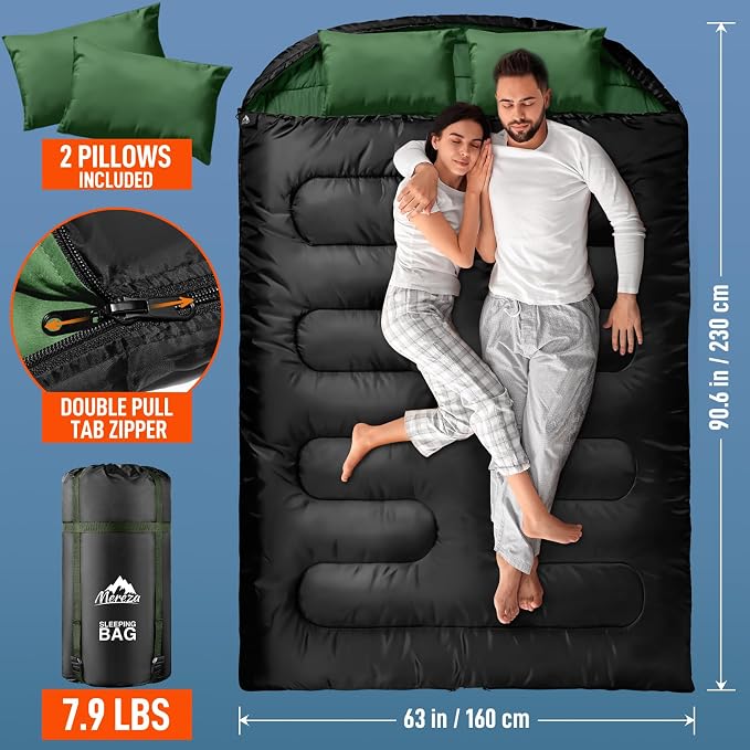 MEREZA Double Sleeping Bag for Adults Mens with Pillow, XL Queen Size Two Person Sleeping Bag for All Season Camping Hiking Backpacking 2 Person Sleeping Bags for Cold Weather & Warm