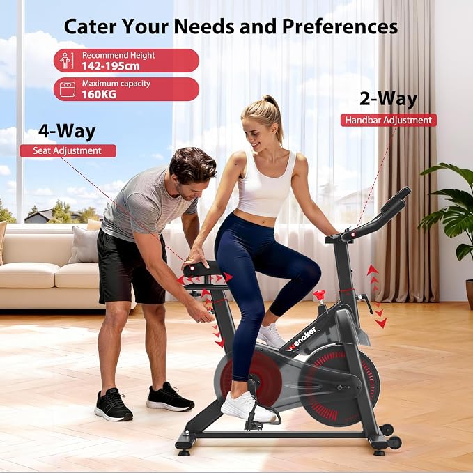 Exercise Bike, Wenoker Magnetic Stationary Bike for Home App Sync Indoor Bike with Adjustable Seat and Handlebar, Transport Wheels and Fitness Courses for Weight Loss