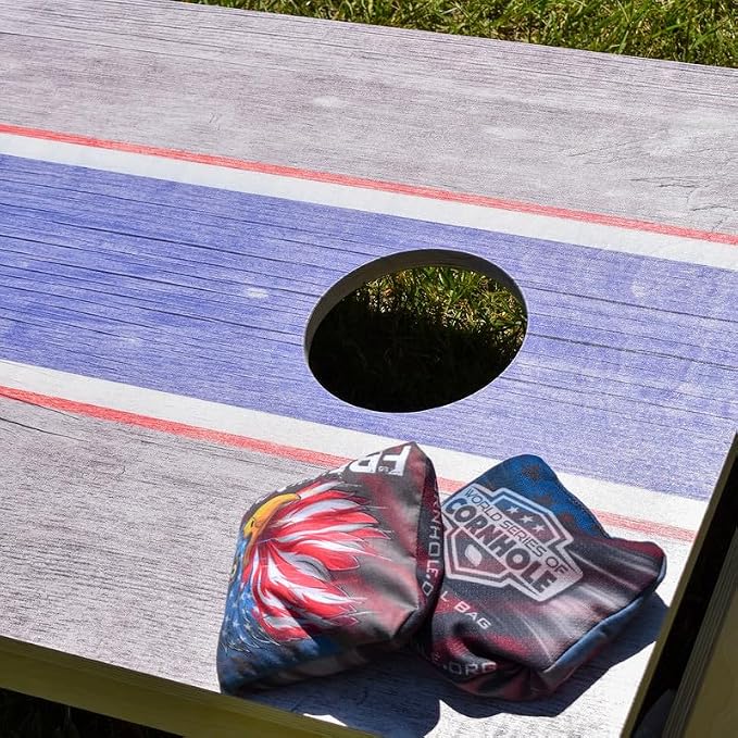Official Pro Cornhole Bags Set of 8 – Regulation Size & Weight Corn Hole Bean Bags – Patriotic American Flag Inspired Designs – Professional Outdoor Yard Game Accessories
