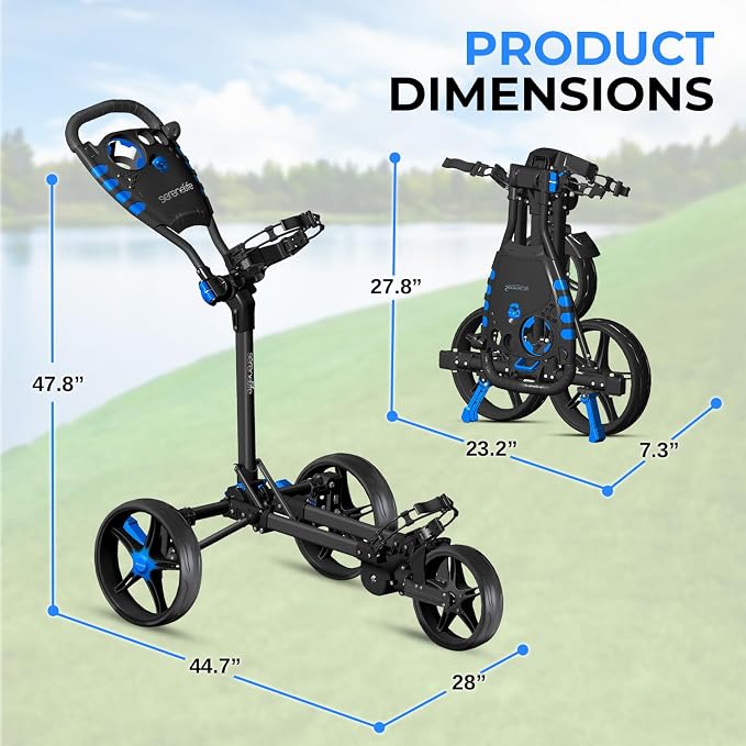 SereneLife Golf Push Pull Cart – Lightweight, Foldable, Bag Holder with Adjustable Handle, Caddy Accessories, Compact Folding Golf Trolley for Travel