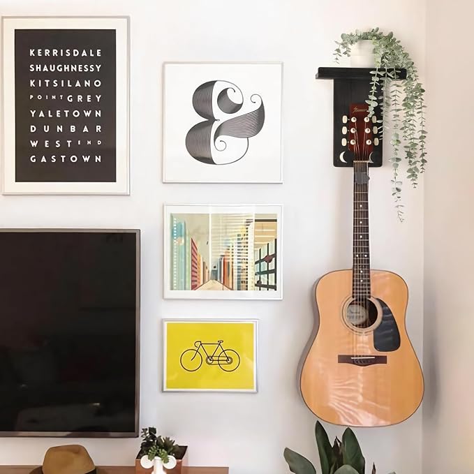 Keebofly Guitar Wall Mount - Single Pack, Wall Hanger with Pick Holder - Guitar & Ukulele Rack, Rustic Wood Black, Patented