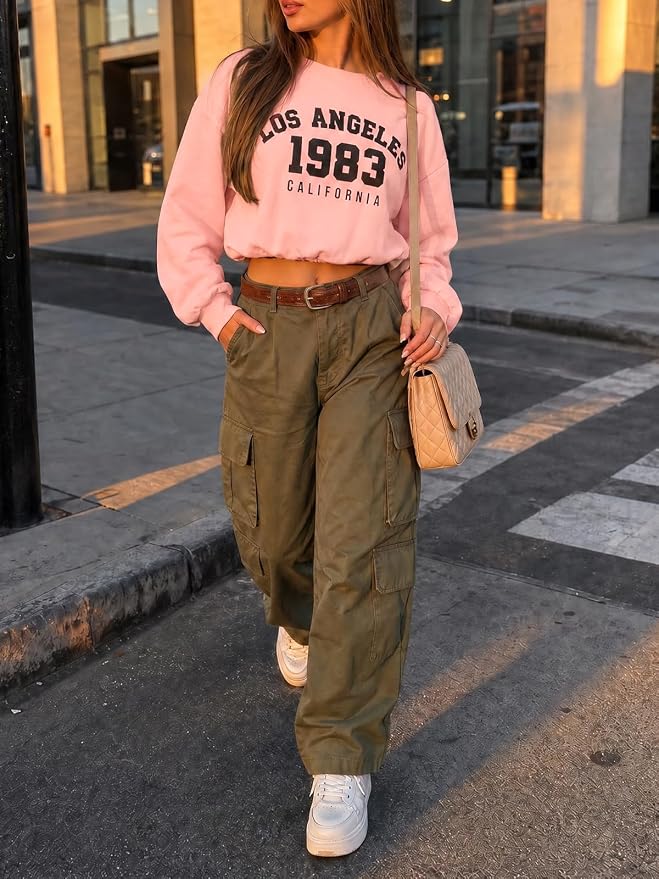 Flowyair Womens Crewneck Sweatshirt Los Angeles Elastic Waist Crop Tops | Long Sleeve, Loose Fit, Fall Spring, Pullover Tops, Round Neck, Elasticated Hem