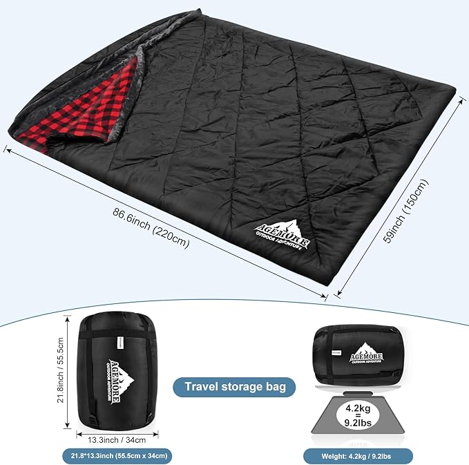 Cotton Flannel Double Sleeping Bag with Fleece Lined Hood, Waterproof Queen Size 2 Person Sleeping Bag for Adults Cold Weather Camping Backpacking or Hiking, 3-4season