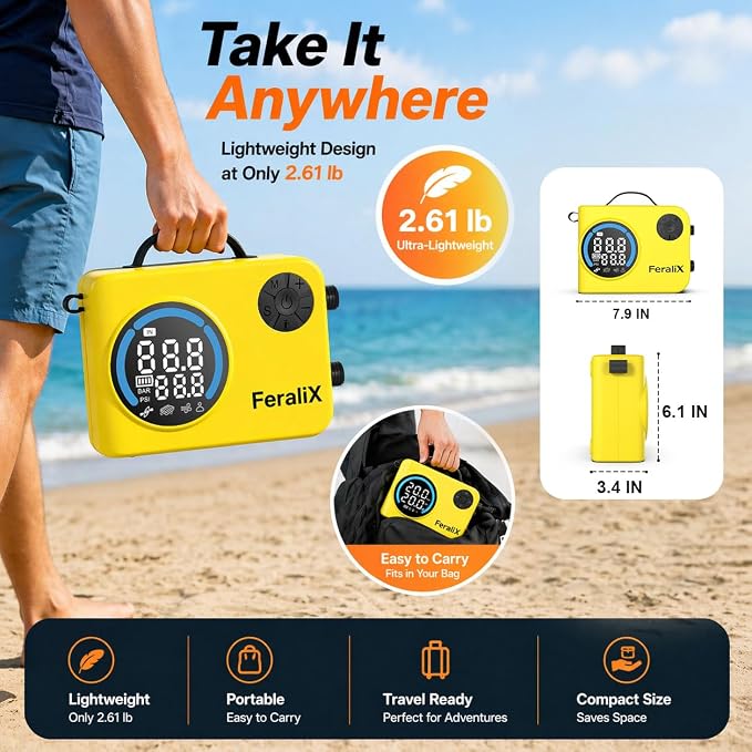 Electric Paddle Board Pump, 20 PSI Rechargeable SUP Air Compressor with Auto Shut-Off, Dual Stage Inflation & Deflation for Paddleboards, Kayaks, Boats