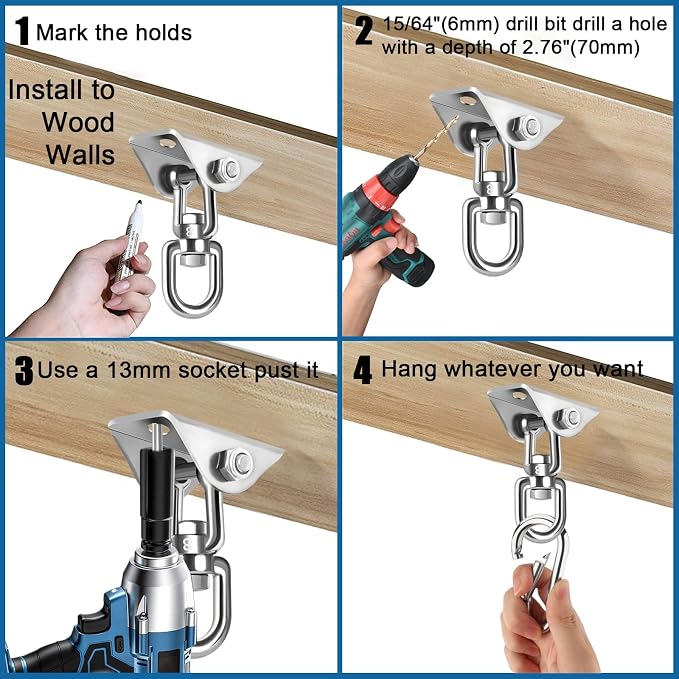 Hammock Hanging Kit,Hanging Chair Hardware 360°Rotating 1000 lb Capacity Hammock Hooks Heavy Duty,Hammock Chair Hanging Kit & Swing Ceiling Hook Snap for Hammock Chair Stand,Seat,Tree,Yoga,Gym(Silver)
