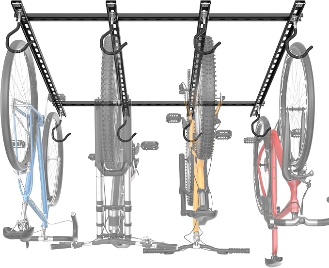 TORACK Ceiling Bike Rack for Garage, Ceiling-Mounted Bicycle Storage Hooks for 4 Bikes (Horizontal) or 8 Bikes (Vertical), Adjustable Overhead Bicycle Hooks for Mountain, Road, and Kids' Bike