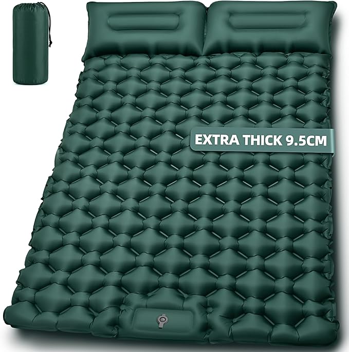 Double Camping Sleeping Pad, 4" Extra Thick 2 Person Inflatable Sleeping Pad with Built-in Foot Pump & Pillow, Self Inflating Camping Mattress for Tent, Backpacking, Hiking, Travel, RV(Dark Green)