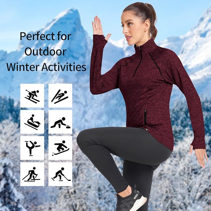 Soneven Women's Thermal Fleece Running Shirts Warm Winter Pullover Cold Weather Workout Hiking Tops with Thumb Holes Pockets