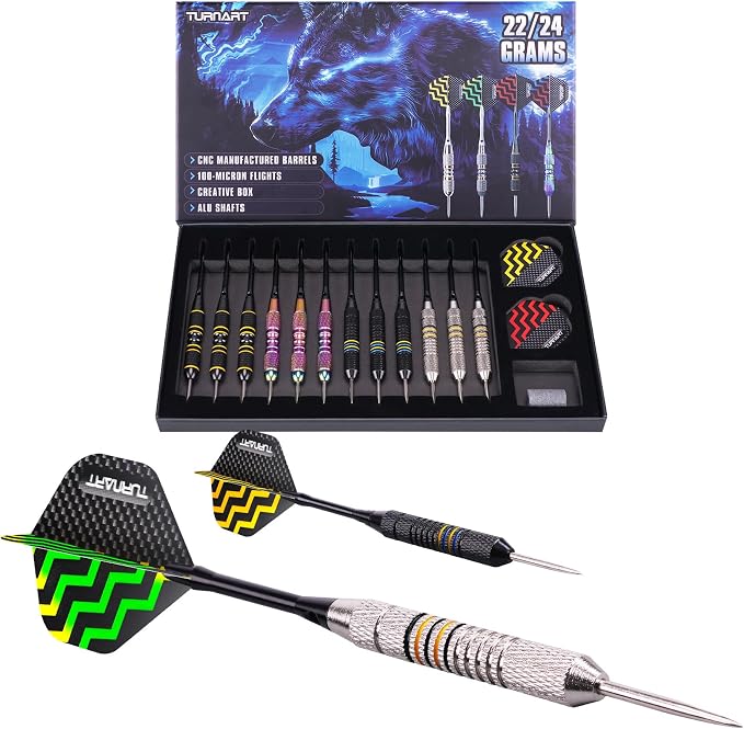 Turnart Darts Metal Tip Set - Steel Tip Darts Darts Set Professional Metal Darts 12 pcs 22/24 Grams Pro Dart Set with Stylish Case Aluminum Shafts Extra 9 Flights