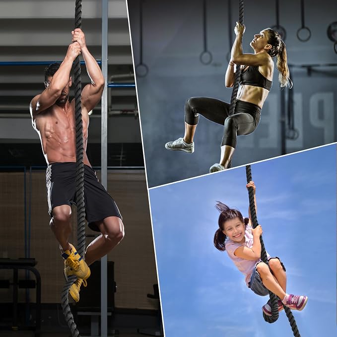 Climbing Rope Gym Workout - 1.5 Inch Dia 10FT 15FT 20FT 25FT 30FT 35FT 40FT 50FT Heavy Duty Work Out Rope Exercise Climbing Ropes for Adults Kids Fitness & Strength Training Outdoor & Indoor - Black