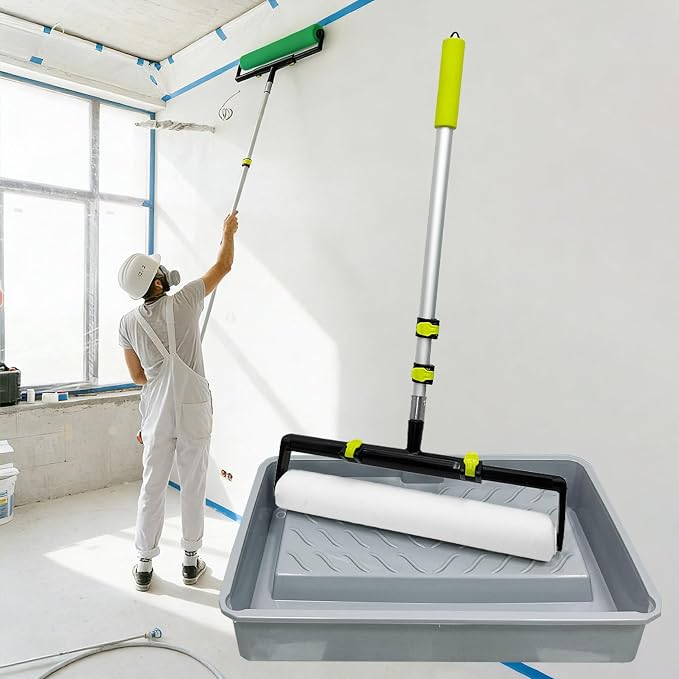 18 Inch Paint Roller Kit, 18” Paint Rollers, 24 Inch Paint Tray, 9”-18” Adjustable Roller Frame, 2.13-4.69ft Extension Pole for Walls,Ceiling,Floors,Interior,Exterior Painting