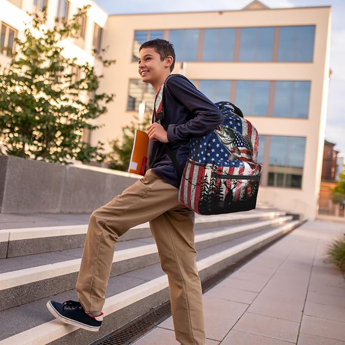 School Backpack Boys Bass Fish American Flag Backpack for Kids Children Elementary Middle School Backpacks Fishing Bookbag Travel Back Pack for Age 6-18