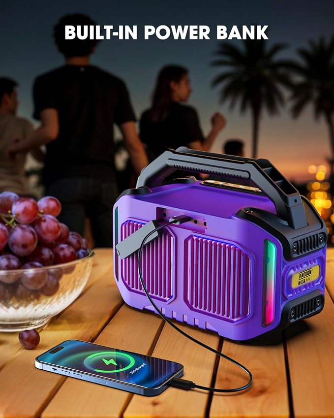 ANCOON Speakers Bluetooth Wireless: 80W(Peak) Loud Speaker with Bass, 20H Playtime, IPX6 Waterproof, Large Jobsite Speakers for Work, Outdoor, Workshop, Garage, Portable Speaker with TWS (Purple)