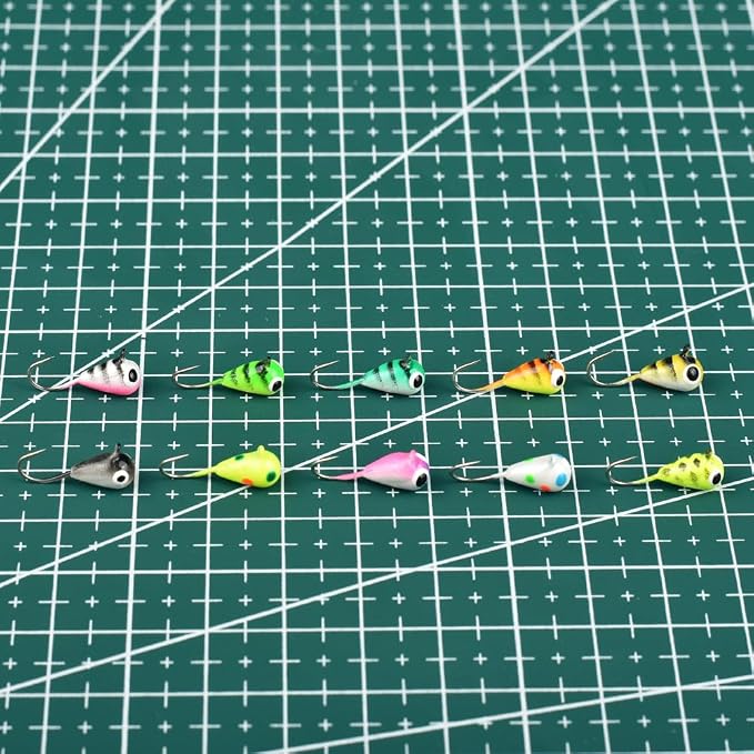 Tungsten Ice Fishing Jigs Kit, 3.2/4/5mm Glow in Dark Tear Drop Ice Fishing Lure Jigs with Waterproof Two-Sided Jig Box Assortment 20/24/30