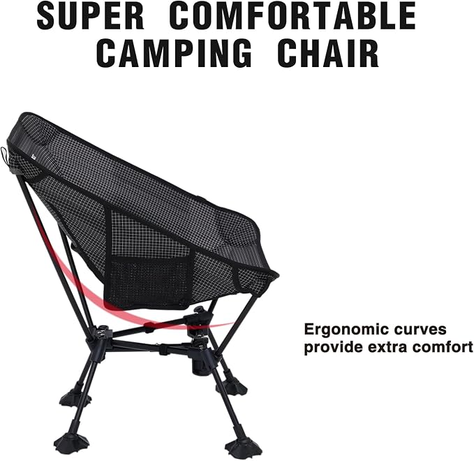 MOON LENCE Portable Camping Chair Backpacking Chair Ultralight Folding Chairs with Tear Resistant Fabric, Detachable Anti-Sinking Feet for Beach, Black