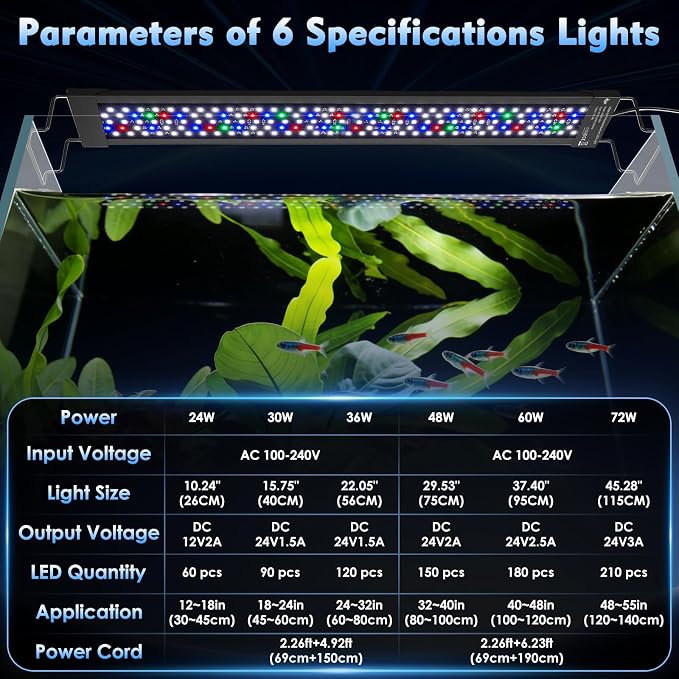AQQA LED Aquarium Light 72W for 48-55 Inch Fish Tank, 24/7 Mode&DIY Mode Full Spectrum Fish Tank Light, IP68 Waterproof High Lumen Aquarium Plant Light, Adjustable Brightness/Timer, Memory Function