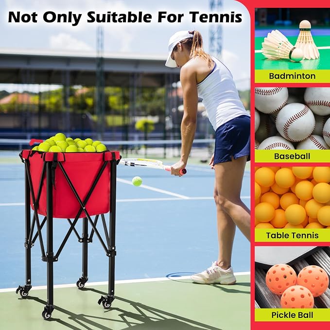 Tennis Ball Hopper Cart with Wheels, Portable Tennis Ball Basket Holds 150 Balls, Collapsible Aluminum Tennis Basket for Balls Pickup, Pro Sports Teaching Cart for Tennis Pickleball Baseball