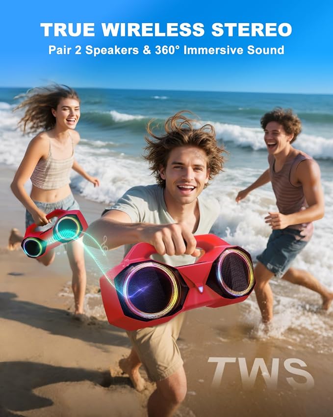 OZJ Bluetooth Speaker Outdoor Loud: 80W(Peak) with Bass, Portable Wireless Speaker with IPX7 Waterproof, 20H Playtime, RGB Lights, TWS for Outside, Beach, Work (Red)