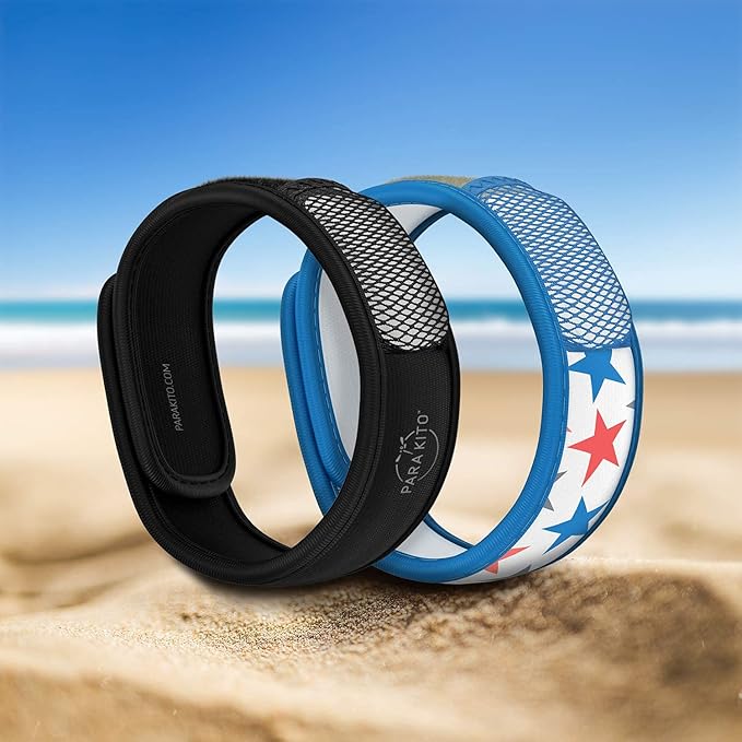 PARA'KITO Mosquito Repellent Bracelet + Refill Pellets Bundle, Mosquito Bracelets, Peppermint Oil, DEET Free Mosquito Repeller, Hiking Accessories, 2 Wristbands & 2 Refills (Black + Stars)