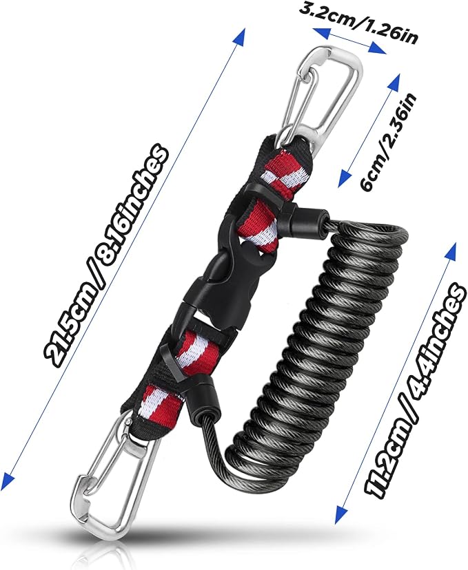 Scuba Retractable Lanyard, Stainless Steel Double-Clips and Spiral Core Anti-Lost Lanyard with Quick-Release Buckle