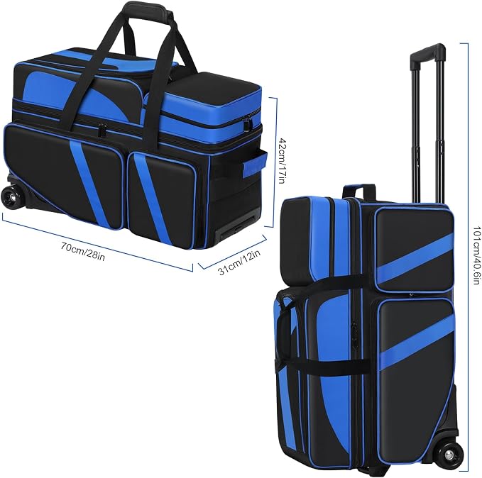 3 Ball Bowling Roller Bag with Smooth Wheels & Shoe Compartment, Heavy Duty 3 Ball Bowling Bag with Retractable Handle, Large Capacity Bowling Bag with Multi-pockets for Tournament, Travel, League