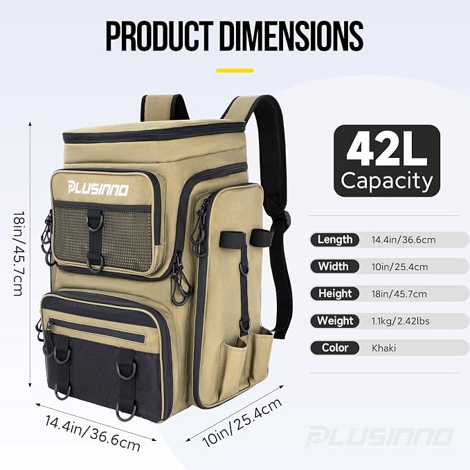 PLUSINNO Fishing Backpack with Rod Holders, 42L Large Water-Resistant Tackle Bag for Fishing, Camping, Hiking, Gifts - Khaki