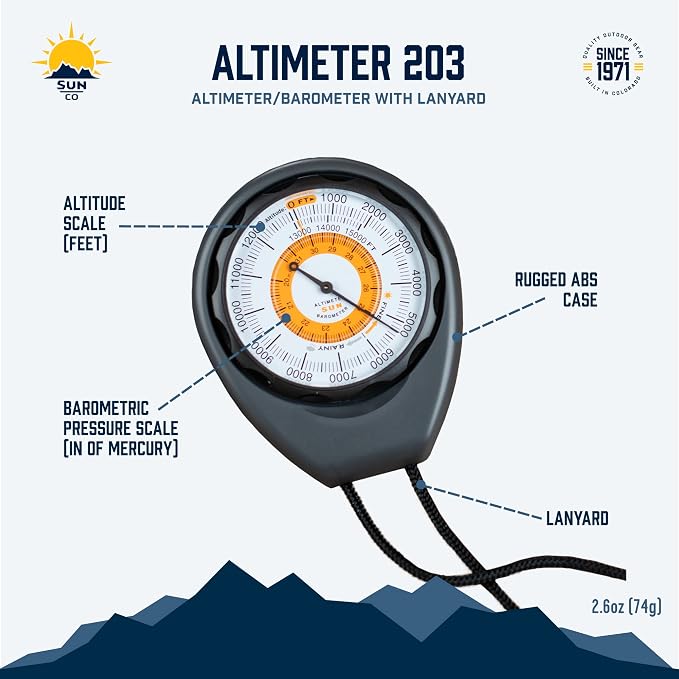 Sun Company Altimeter 203 - Battery-Free Altimeter and Barometer | Weather-Trend Indicator with Rugged ABS Case and Lanyard | Reads Altitude from 0 to 15,000 Feet