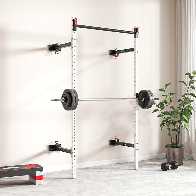 Soozier Folding Squat Rack with Adjustable Pull-Up Bar, 1000 Pounds Capacity Wall Mounted Power Rack, Adjustable Steel Barbell Rack with J Hooks for Home Gym Full Body Workout