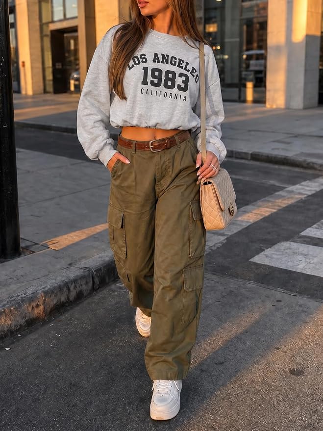 Flowyair Womens Crewneck Sweatshirt Los Angeles Elastic Waist Crop Tops | Long Sleeve, Loose Fit, Fall Spring, Pullover Tops, Round Neck, Elasticated Hem