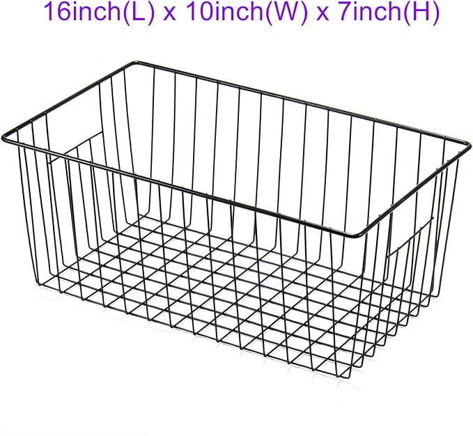 16inch Freezer Wire Storage Organizer Baskets, Household Refrigerator Bin with Built-in Handles for Cabinet, Pantry, Closet, Bedroom Black,4pack