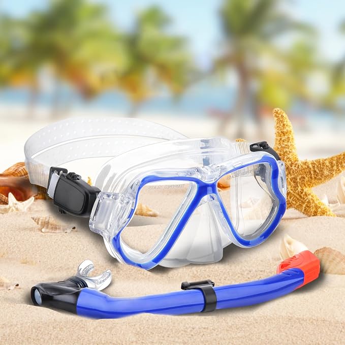 Snorkeling Gear for Kids, 4 in 1 Child Mask Fins Snorkel Set with Panoramic View Anti Fog Mask, Dry Top Snorkel, Trek Fins and Travel Bag, Kids Snorkeling Set with Fins for Snorkeling Swimming