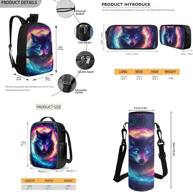 Kids School Bag Wolf Backpack for Girls Bookbag with Lunch Box and Water Bottle Holder Pencil Case 4 Piece Back to School Supplies